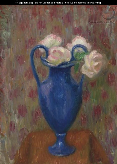 Pink Roses in Blue Urn - William Glackens