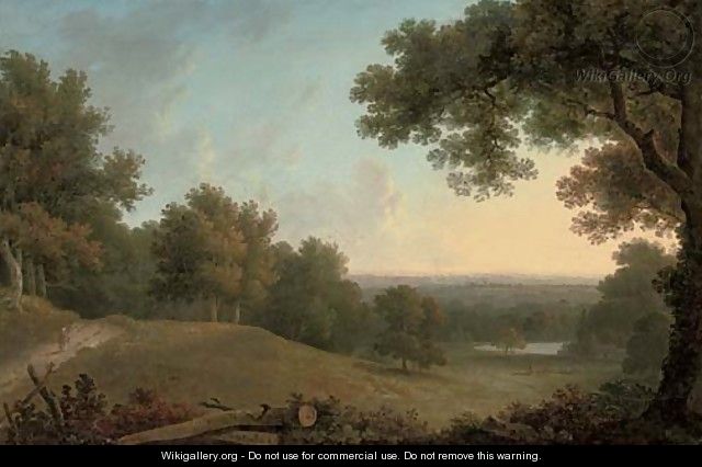 A view at Westhamble, Surrey, with a figure on a track, a lake in the distance - William George Jennings