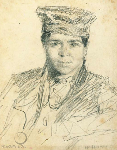 Portrait of a boy, bust-length, wearing a hat - William Henry Hunt