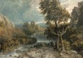 Travellers beside a river before castle ruins at dusk - William Havell