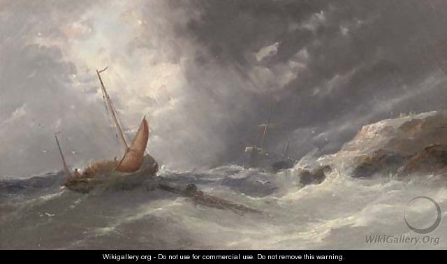 A fishing lugger in an onshore breeze with a wreck beyond - William Henry Williamson