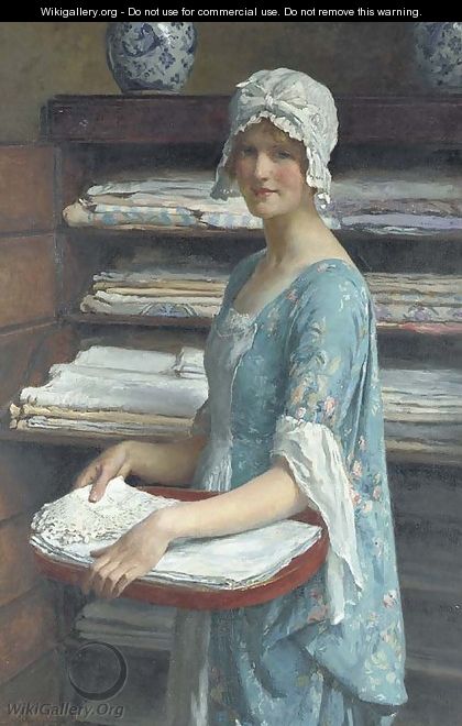 Her Dower A study of a girl arranging linen - William Henry Margetson