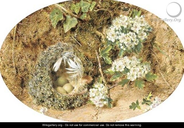 Still-life with birds nest and hawthorne on a mossy bank - William Henry Hunt