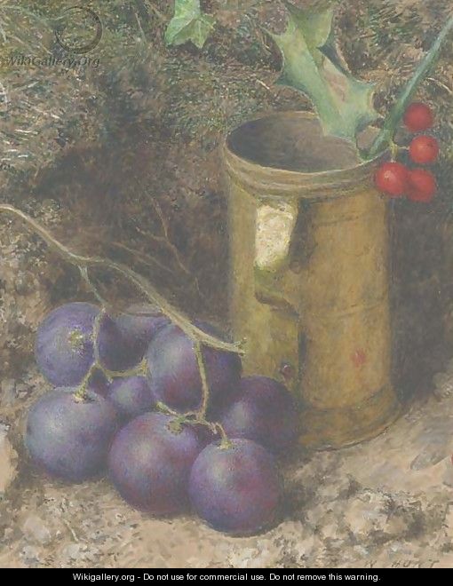 Still life of grapes, a tankard and a sprig of holly - William Henry Hunt
