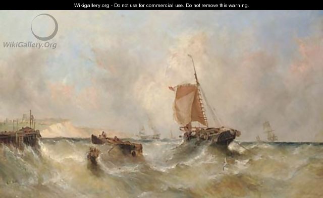 Hauling in the catch in a heavy swell off Dover, with busy Channel traffic beyond - William Calcott Knell