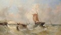 Hauling in the catch in a heavy swell off Dover, with busy Channel traffic beyond - William Calcott Knell