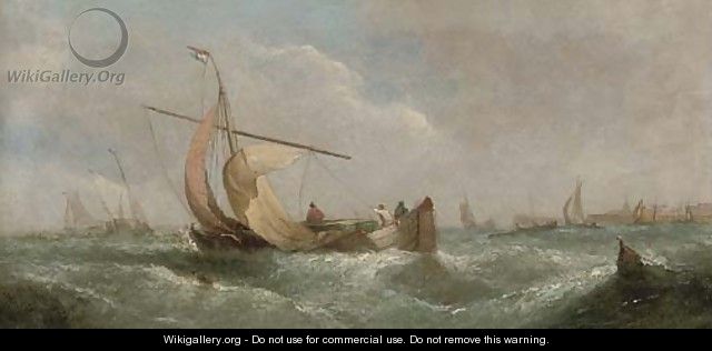 Dutch barges drying their sails at dusk; and A blustery day offshore (illustrated) - William Calcott Knell