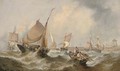 Congestion at the harbour mouth at the top of the tide (illustrated); and Barges and traders in a heavy swell off the Dutch coast - William Calcott Knell