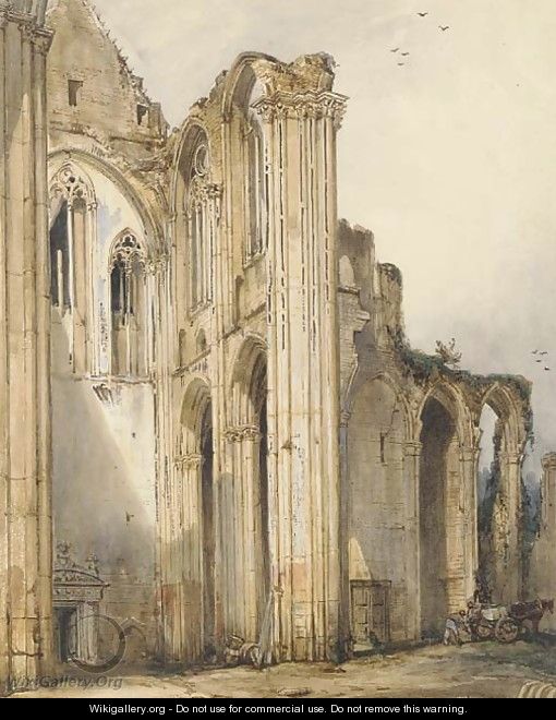 Labourers loading a cart in the ruins of the Benedictine abbey of St. Vandrille - William Callow