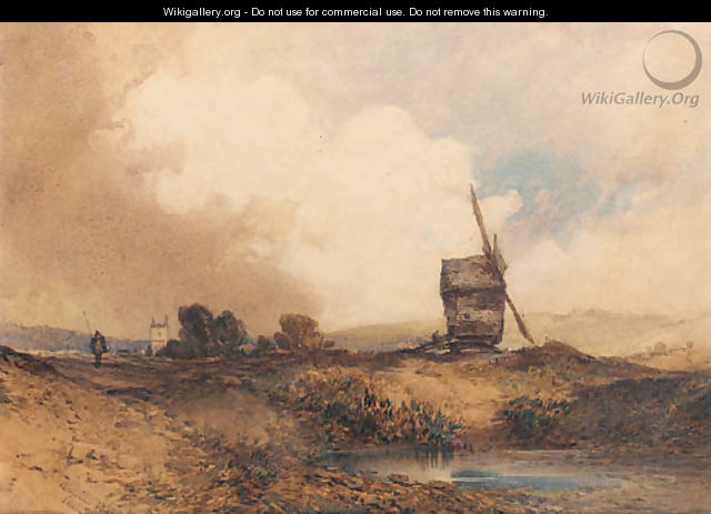 A windmill in a hilly landscape with a church beyond - William Callow