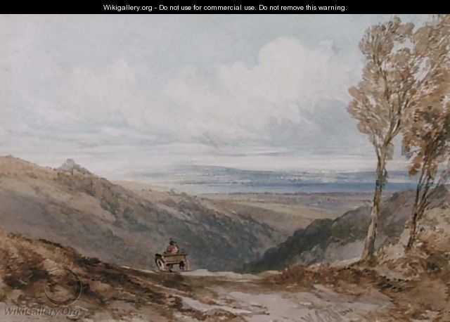 A traveller on a rural track overlooking an estuary - William Callow