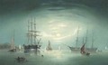 Merchant vessels anchored offshore in the moonlight - William Daniel Penny