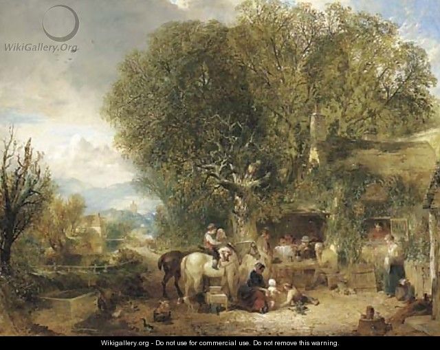 Figures by a cottage in an extensive wooded landscape - William Collins
