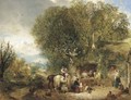 Figures by a cottage in an extensive wooded landscape - William Collins