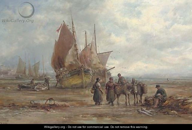 The Castletown fishing fleet beached at low tide, with figures unloading the day