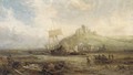 Beached fishing vessels below a ruined castle - William Edward Webb