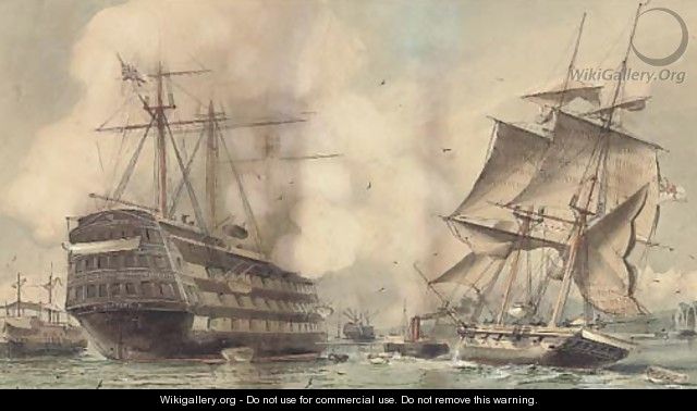 H.M.S. Victory saluting a Royal Navy brig being towed past the old flagship