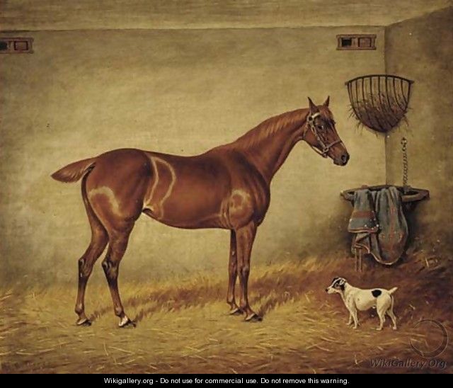 A chestnut racehorse and a Jack Russell in a stable - William Eddowes Turner