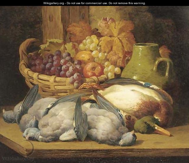 Dead game, grapes and apples in a wicker basket - William Duffield