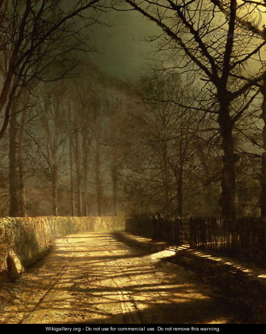 A Moonlit Lane with two lovers by a gate - John Atkinson Grimshaw