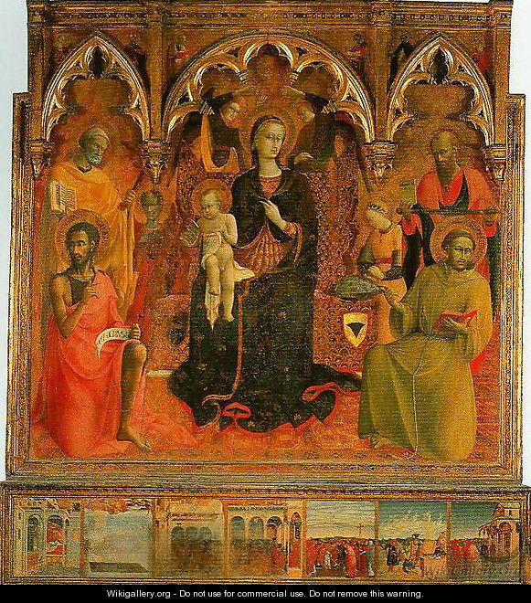 Madonna and Child Enthroned with Four Angels and SS John the Baptist Peter Francis and Paul - Stefano Di Giovanni Sassetta