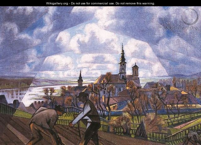View of Szentendre with Digging Peasants 1922 - Sidney Harold Meteyard