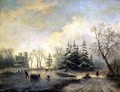 Trees, Castle and skating figures - Barend Cornelis Koekkoek