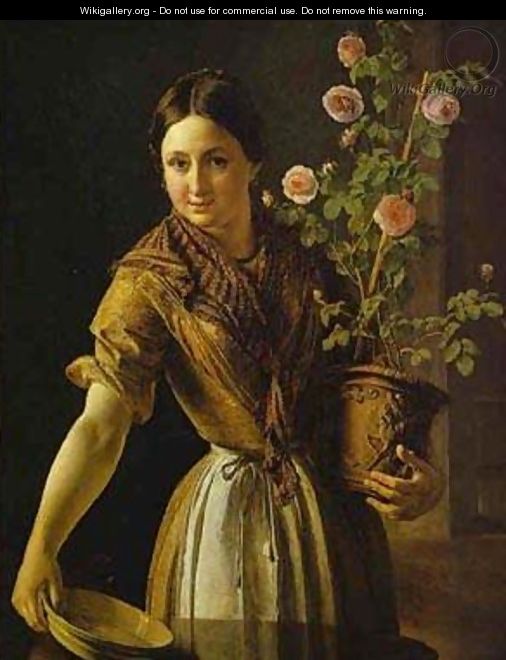 Girl With A Pot Of Roses 1850 - Vasili Andreevich Tropinin