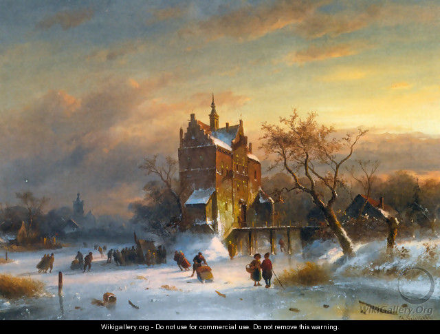 Skaters Near A Castle - Charles Henri Joseph Leickert