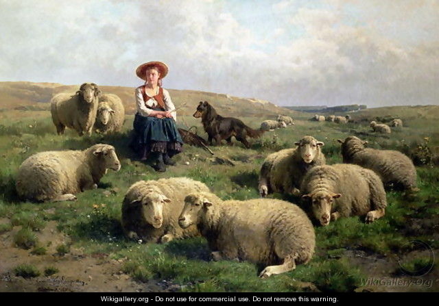 Shepherdess with Sheep in a Landscape - Cornelis van Leemputten