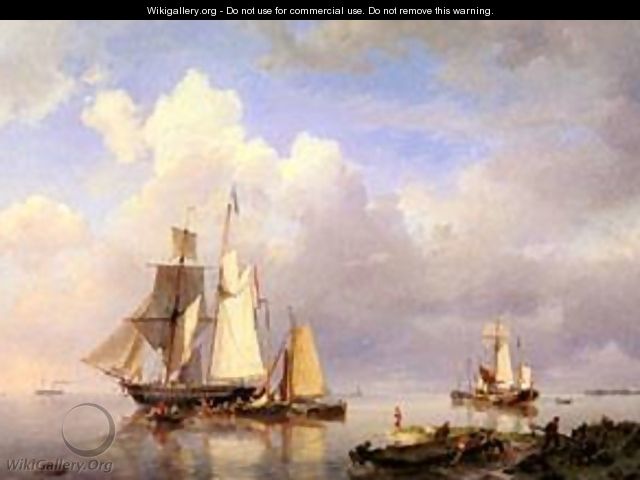 Vessels At Anchor In Estuary With Fisherman - Barend Cornelis Koekkoek