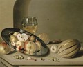 Apples, pears, peaches and walnuts on a pewter plate with fruit, a roemer, a melon, chestnuts and a grasshopper on a stone ledge in a niche - Ambrosius the Younger Bosschaert