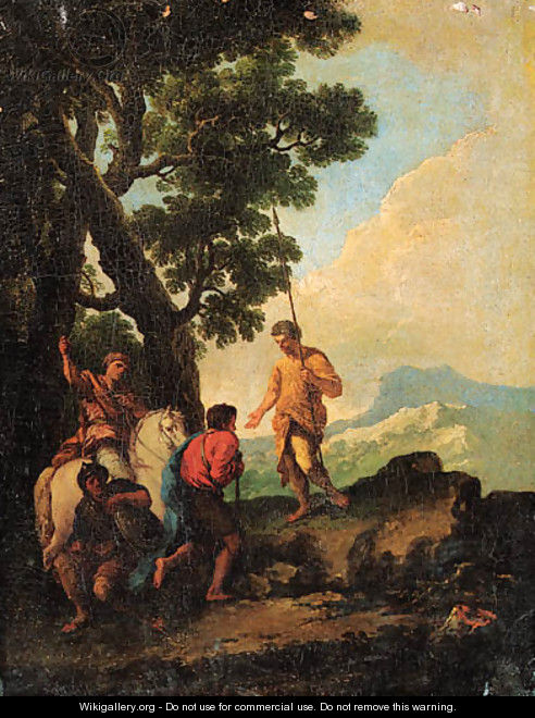 Soldiers resting by a Tree, a mountain landscape beyond - Andrea Locatelli