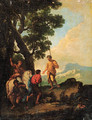 Soldiers resting by a Tree, a mountain landscape beyond - Andrea Locatelli