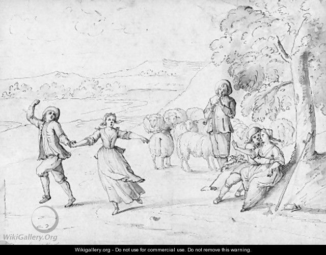 Shepherds dancing by the flute in an extensive landscape - Andrea Locatelli