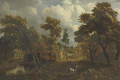 A wooded river landscape with travelers on a path - (after) Meindert Hobbema