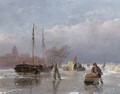 Skaters on the ice with a koek en zopie in the distance - Andreas Schelfhout