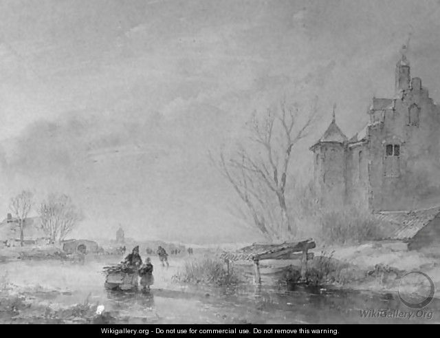 Skaters on a frozen waterway near a fortified mansion - Andreas Schelfhout