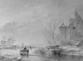Skaters on a frozen waterway near a fortified mansion - Andreas Schelfhout