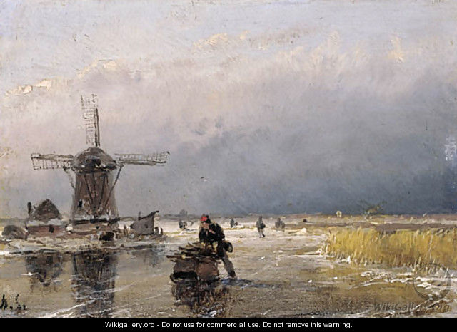 Skaters on a frozen waterway by a windmill - Andreas Schelfhout