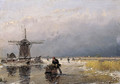 Skaters on a frozen waterway by a windmill - Andreas Schelfhout
