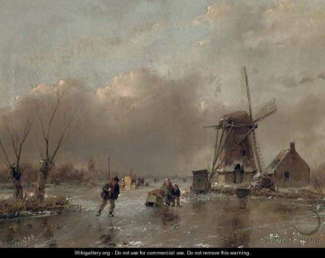 Skaters by a mill with a koek en zopie beyond - Andreas Schelfhout