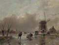 Skaters by a mill with a koek en zopie beyond - Andreas Schelfhout