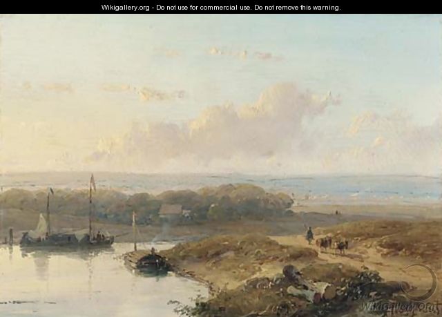Shipping on a calm river in a panoramic summer landscape - Andreas Schelfhout