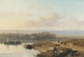 Shipping on a calm river in a panoramic summer landscape - Andreas Schelfhout