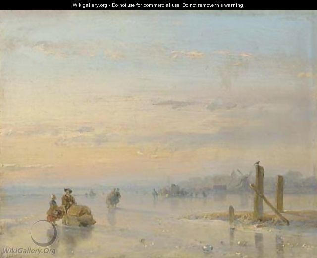 Figures with a sledge on the ice - Andreas Schelfhout
