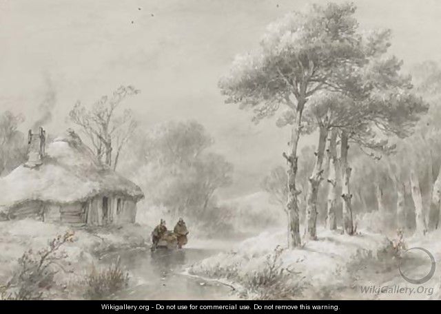 A wooded winter landscape with figures by a cottage - Andreas Schelfhout