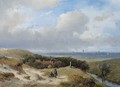 A panoramic summer landscape with travellers resting in the dunes - Andreas Schelfhout