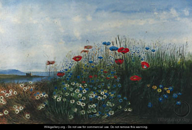 A coastal landscape with poppies, cornflowers, daisies and grasses in the foreground - Andrew Nicholl