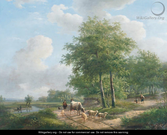 Walking along a sunlit path in the countryside - Andreas Schelfhout